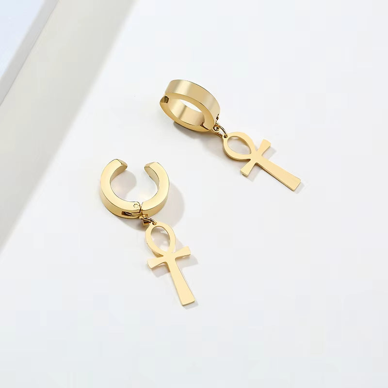 Gold Color Ankh Cross Earrings Men Stainless Steel Egyptian Cross Jewelry Women Egypt Hieroglyphs Crux Jewelry