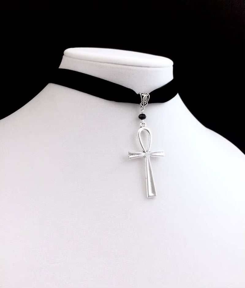 Gothic Ankh Necklace Black Choker Egyptian Grunge Ankh Eternal Life Necklace Witchy Statement Jewelry Pendant Women Gift