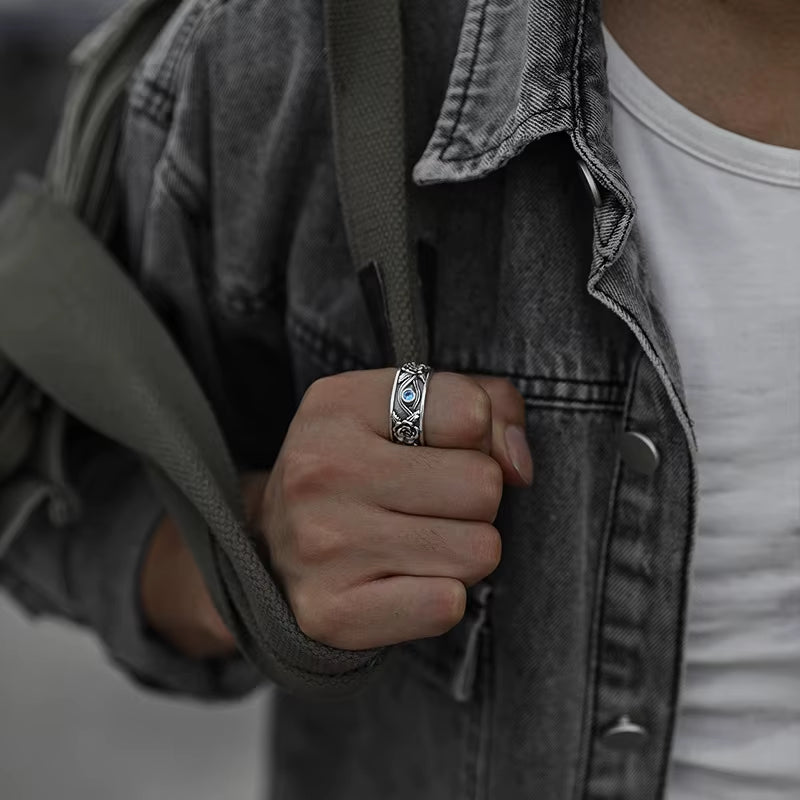Retro Blue Horus Eye Rose Ring for Men Silver Color Punk Gothic Adjustable Ring Handmade Unisex Jewelry Accessories Lovers Gift