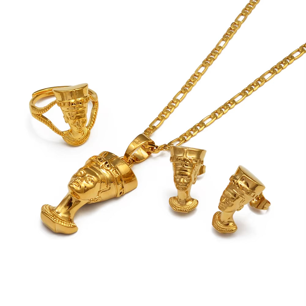 Egyptian Queen Nefertiti Sets Pendant Necklace Stud Earrings Ring African Traditional Culture Jewelry #244206