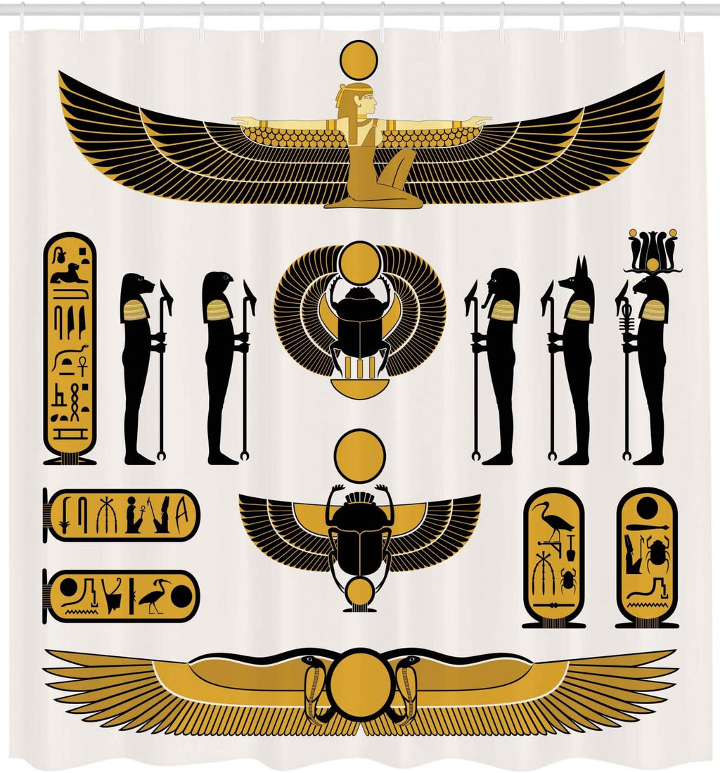 Egyptian Print Shower Curtain, Old Historical Egyptian Myth Mummy Sun Art Illustration, Cloth Fabric Bathroom Decor Set with Hooks, 69" W X 84" L, Yellow Black