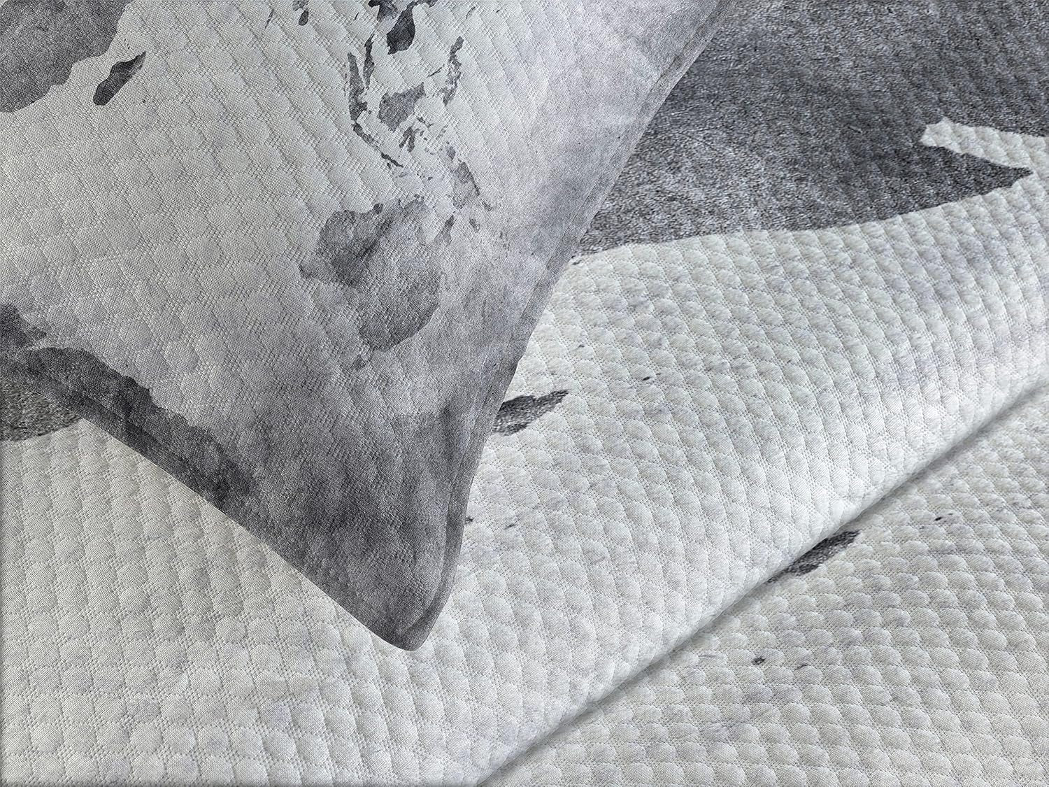 Modern Bedspread, Vintage World Map with Dark Nostalgic Tones Featured Displays Background Image, Decorative Quilted 3 Piece Coverlet Set with 2 Pillow Shams, King Size, Grey