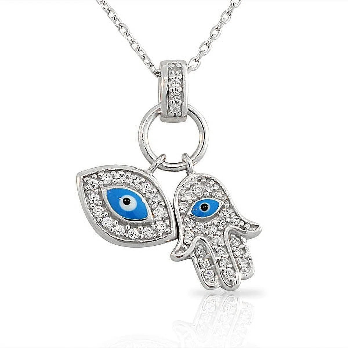 925 Sterling Silver Womens Evil Eye Hamsa Blue White CZ Pendant Necklace