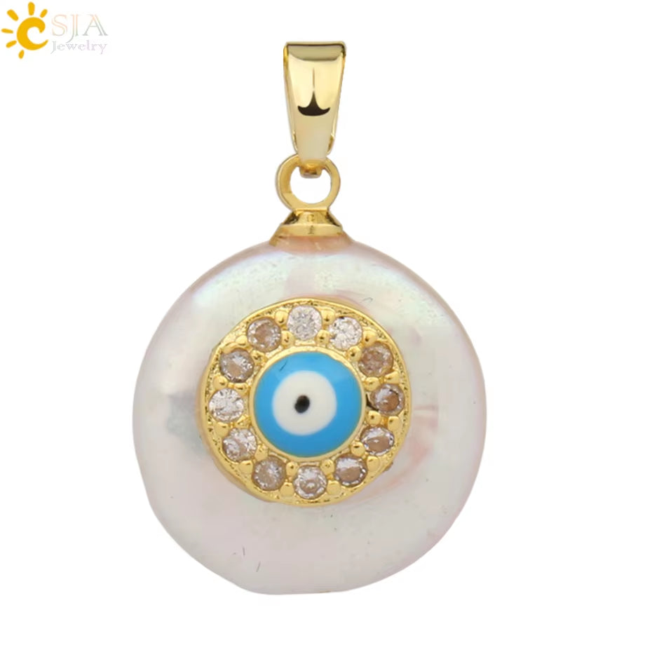 CSJA Coin Freshwater Pearl Pendants Small Size Evil Eye Hamsa Fatima Hand Zircon Gold Color Necklace Choker for Women Girls G205