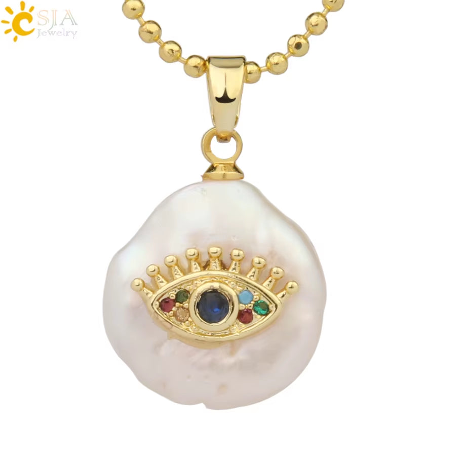 CSJA Coin Freshwater Pearl Pendants Small Size Evil Eye Hamsa Fatima Hand Zircon Gold Color Necklace Choker for Women Girls G205