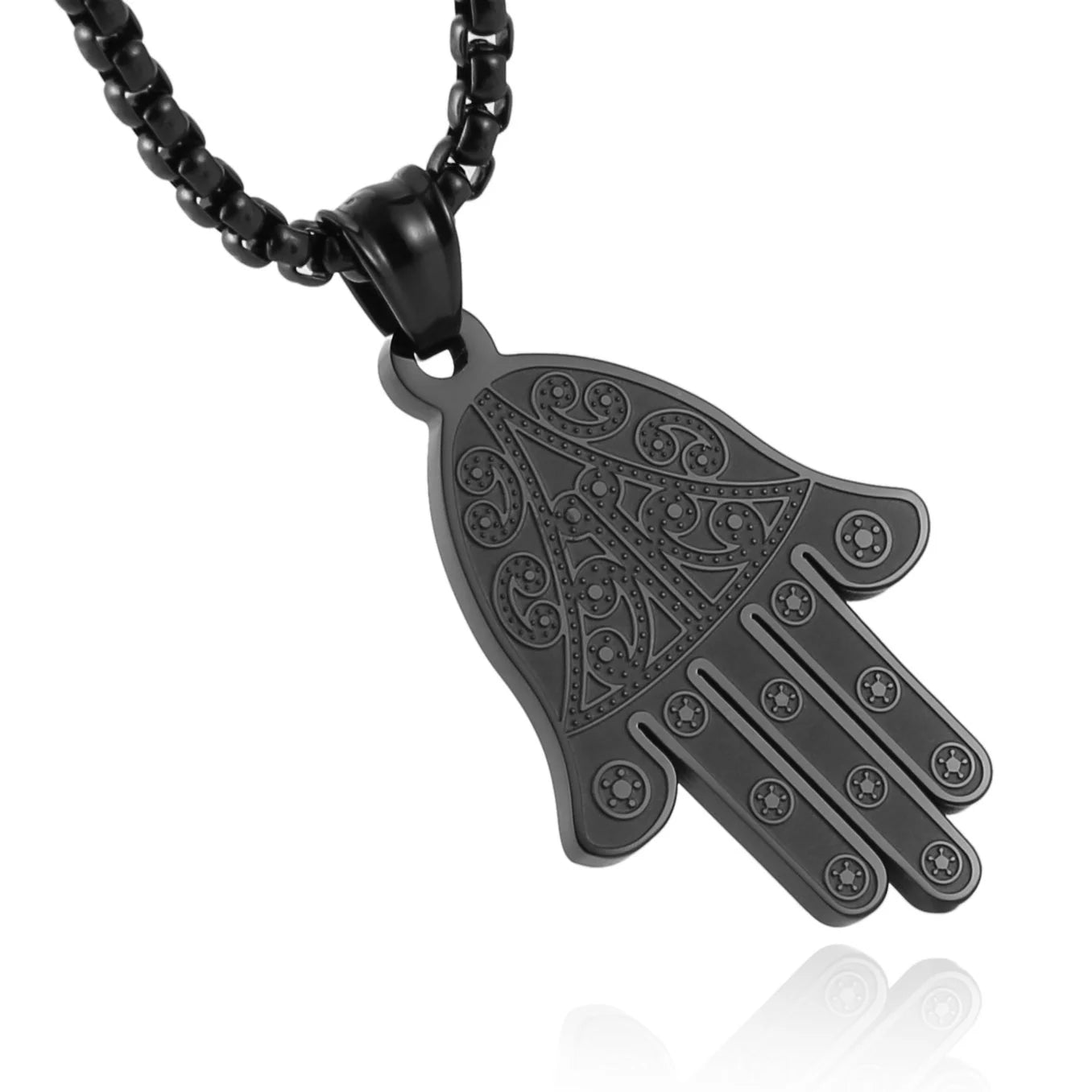 Stainless Steel Egyptian Eye Fatima Hamsa Hand Pendant Necklace Success and Protection Lucky (Black)