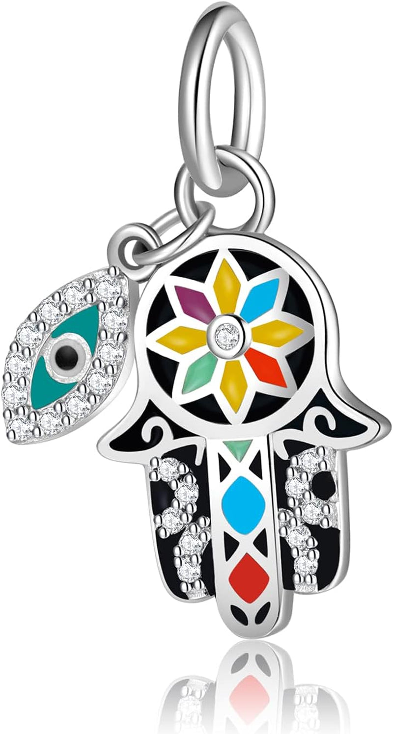 Evil Eye Charms 925 Sterling Silver Charms for Bracelet and Lucky Jewelry Hamsa Charm Fatima Charms Beads European Charm Evil Eye Compatible Bracelet Necklace for Women Mother Sister Gifts