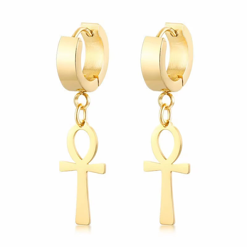 ANKH HUGGIE EARRINGS STAINLESS STEEL EGYPTIAN CROSS DROP EARING for MEN WOMEN EGYPT JEWELRY