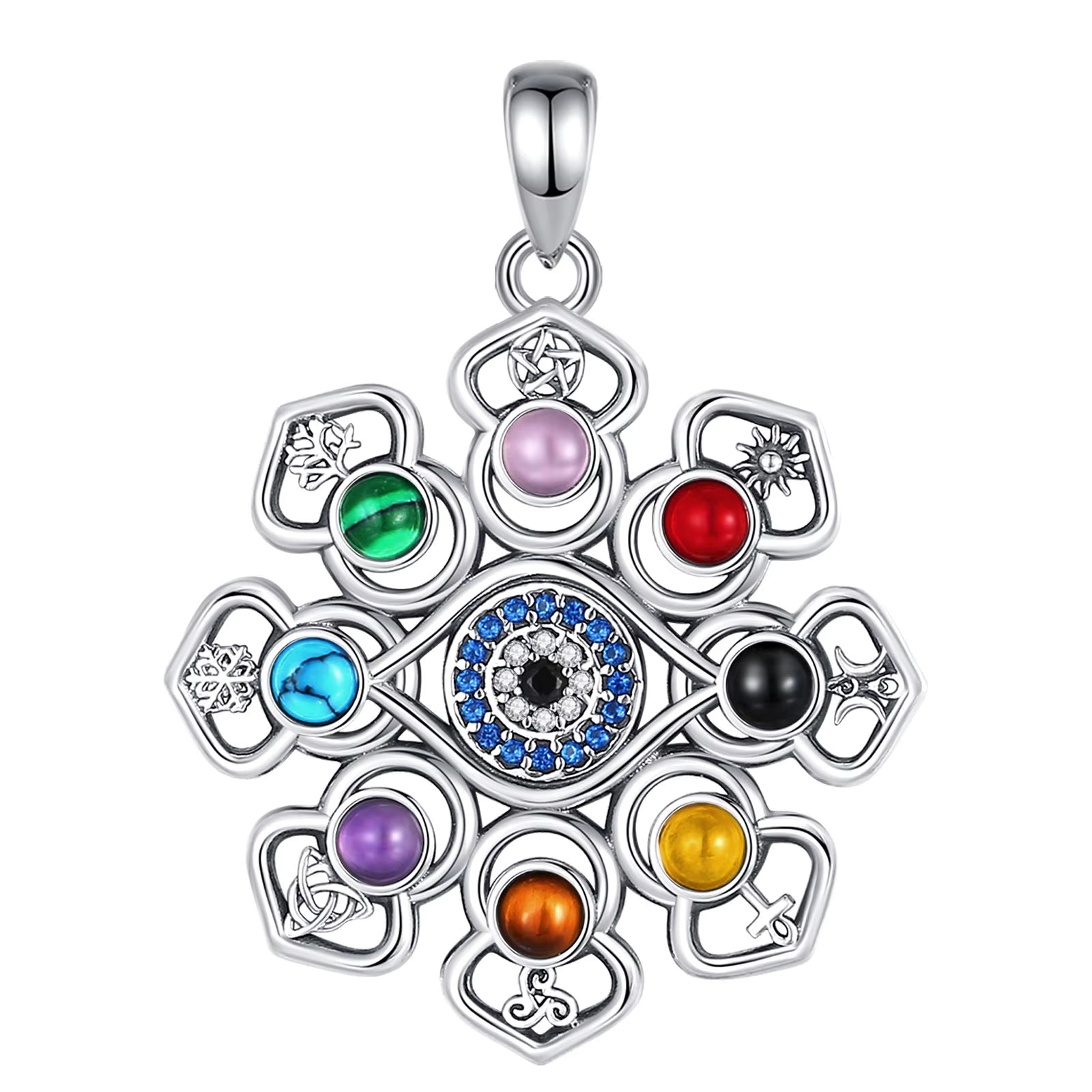925 Sterling Silver Lotus Evil Eye Necklace Colourful Pentagram Hecate Flower Pendant Personality Jewelry for Women Man