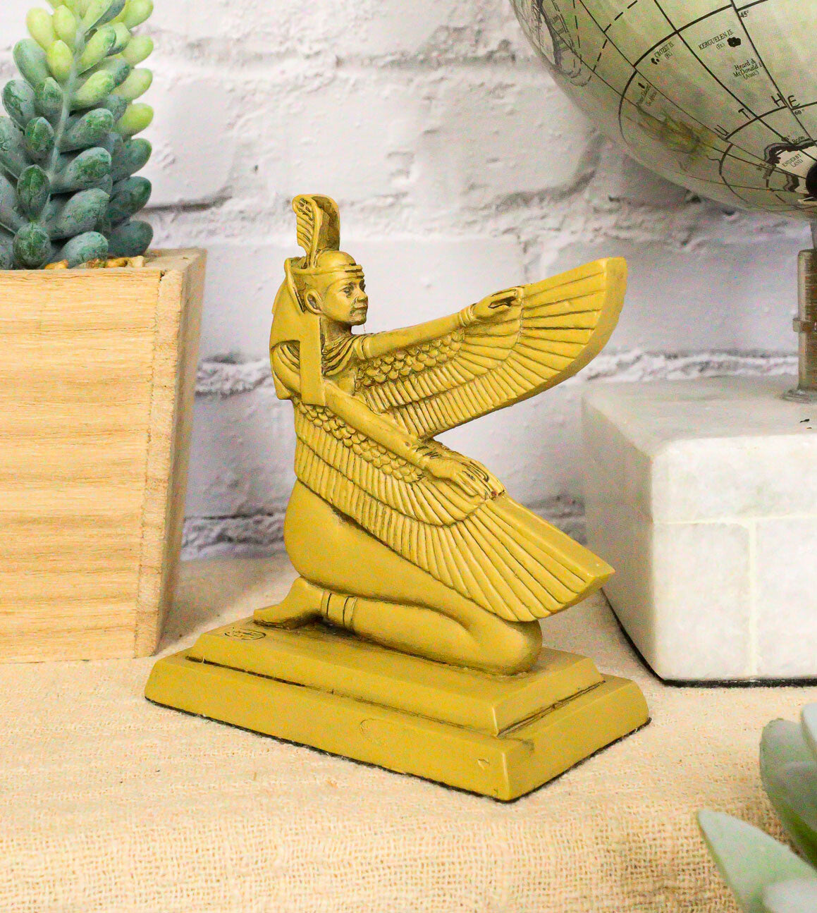 Ancient Egyptian Hieroglyphic Kneeling Winged Goddess Maat Mini Figurine 3.25"H
