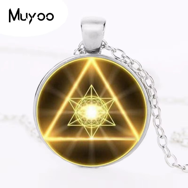 Gold Sacred Geometry Cabochon Glass Tibet round Chain Pendant Necklace HZ1