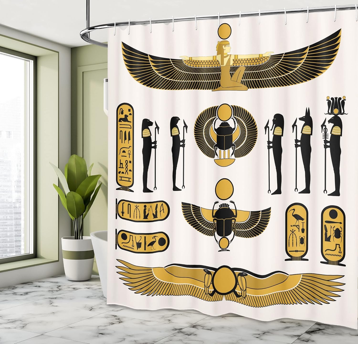 Egyptian Print Shower Curtain, Old Historical Egyptian Myth Mummy Sun Art Illustration, Cloth Fabric Bathroom Decor Set with Hooks, 69" W X 84" L, Yellow Black