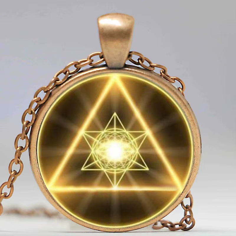 Gold Sacred Geometry Cabochon Glass Tibet round Chain Pendant Necklace HZ1