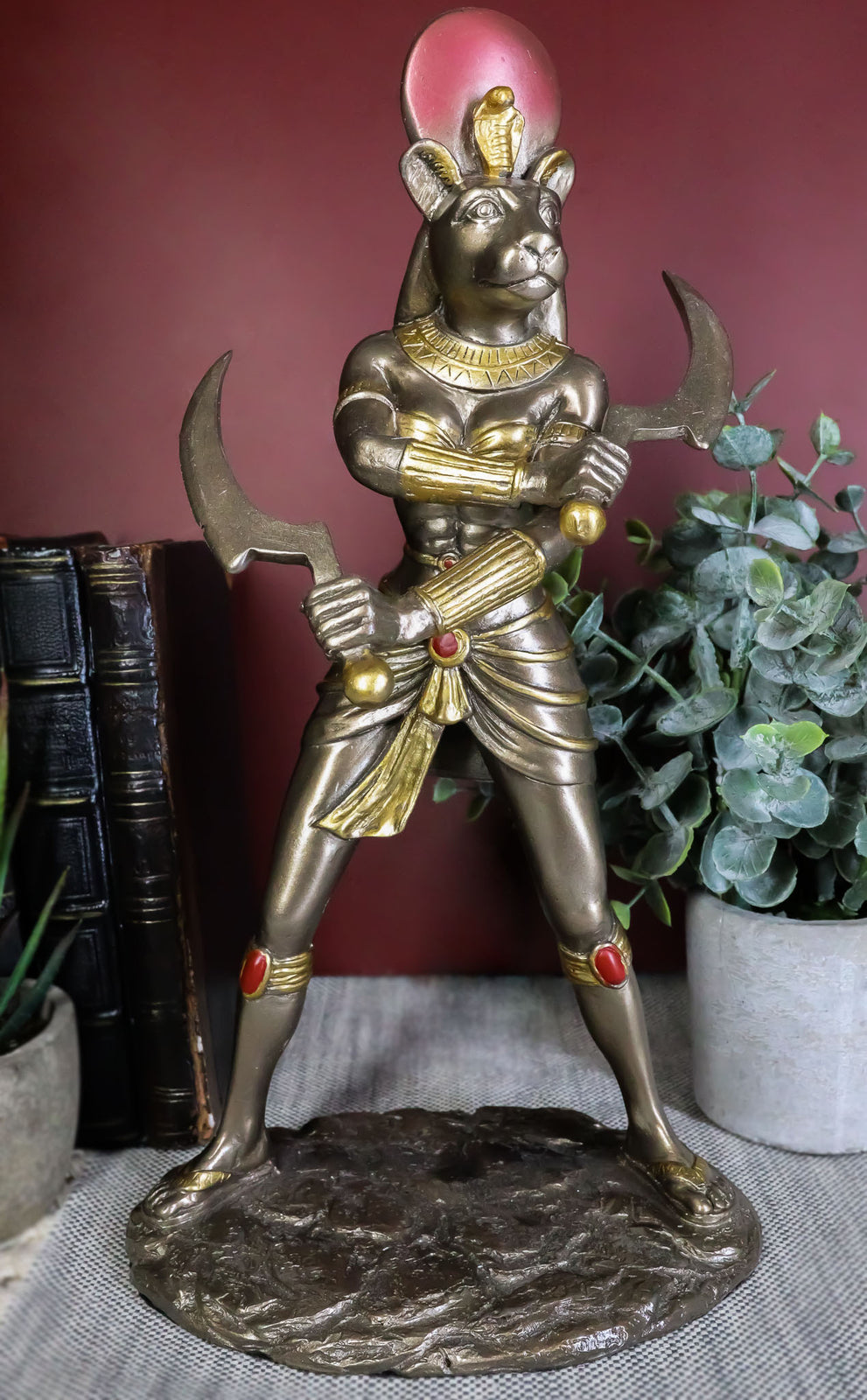 Classical Egyptian Goddess Sekhmet Ra with Solar Disc and Uraeus Statue 11"H