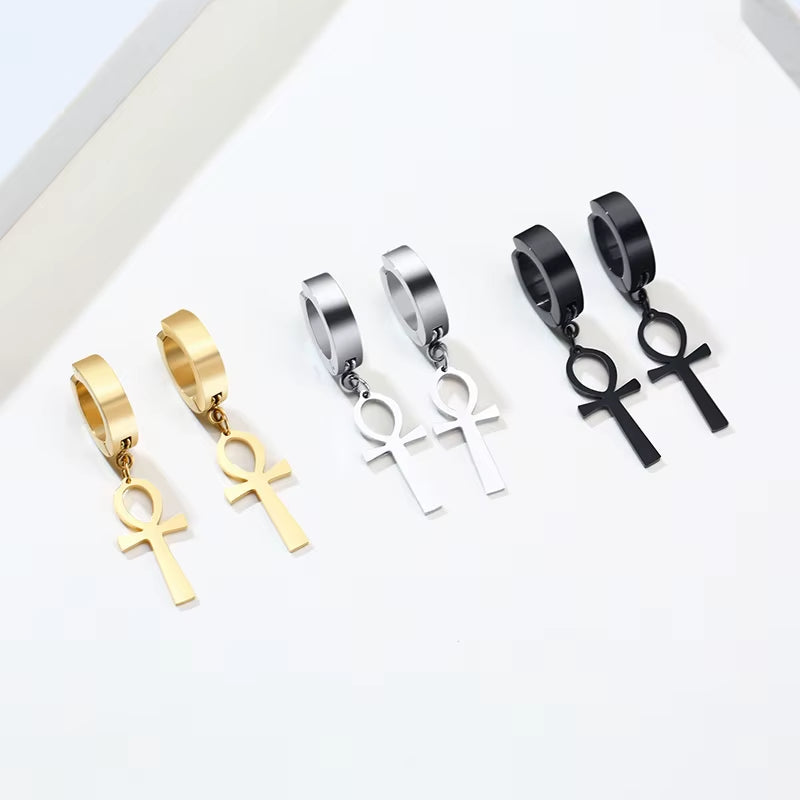 Gold Color Ankh Cross Earrings Men Stainless Steel Egyptian Cross Jewelry Women Egypt Hieroglyphs Crux Jewelry