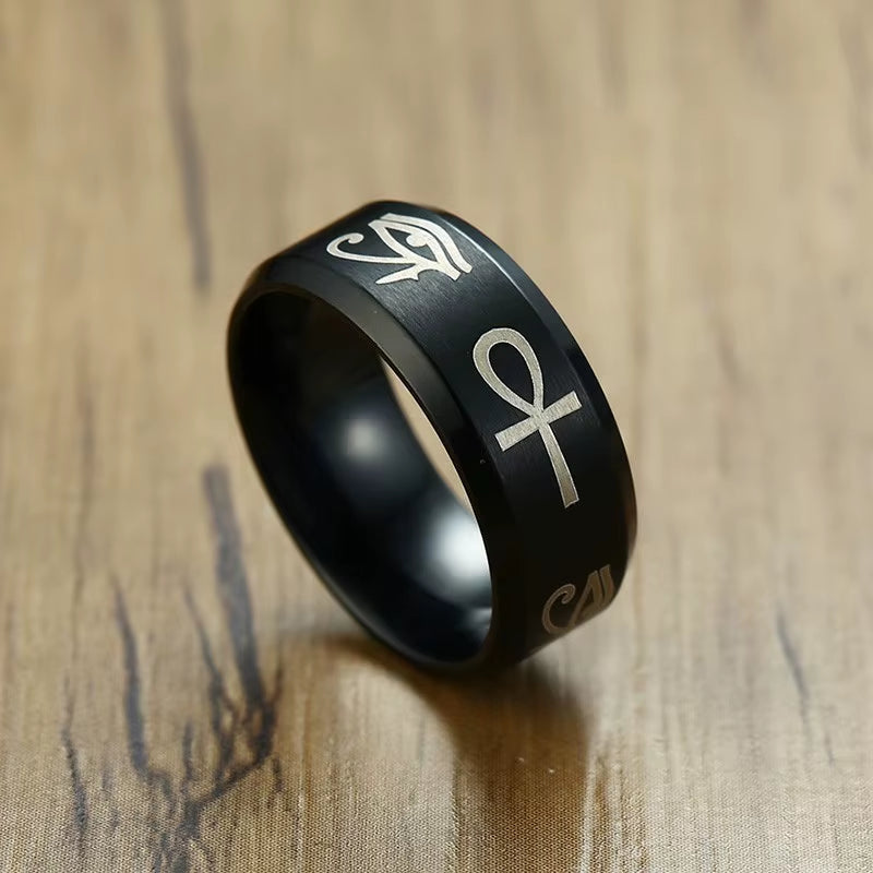 Egyptian Men Ankh Ring Stainless Steel Black Color Eye of Horus Fashion Wedding Band Key of Life Anillos Anniversary Party Gifts