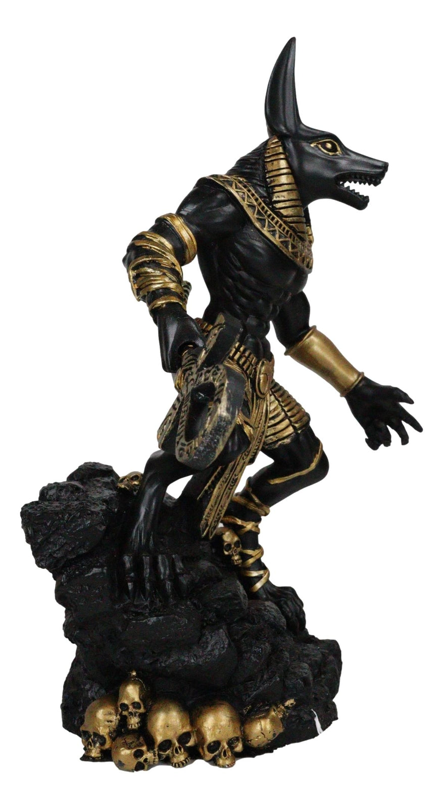 Egyptian Jackal God Anubis with Ankh Staff Spear on Skull Graveyard Figurine