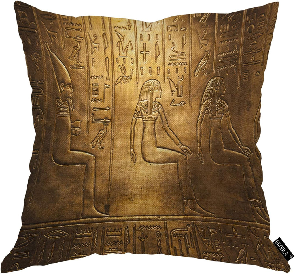 Egyptian Hieroglyphics Throw Pillow Cover Ancient Golden Art Symbol Historical Civilization Cozy Square Cushion Case for Men Women Boys Girls Room Home Decor Cotton Linen 18X18 Inch