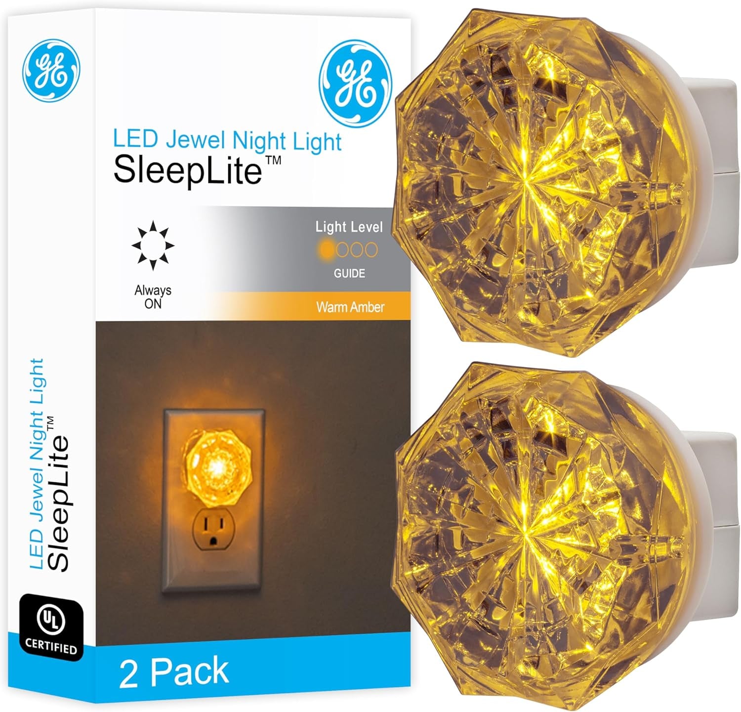 Sleeplite Jewel LED Night Light, Plug-In, Always On, Amber, Ul-Certified, Energy Efficient, Ideal Nightlight for Bedroom, Bathroom, Nursery, Hallway, Kitchen, 11286, 2 Pack
