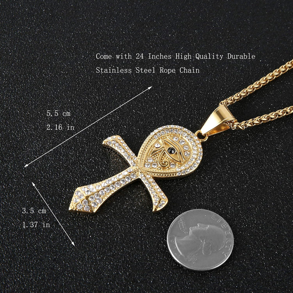 CZ Eye of Horus Egypt Protection Pendant Coptic Ankh Cross Religious Stainless Steel Necklace