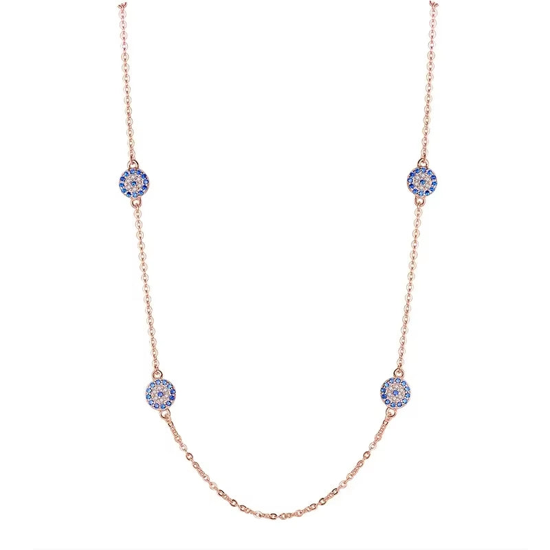 925 Sterling Silver Necklace Earrings Women round Luck Evil Eye Ring Necklaces Blue Zircon Long Link Turkey Jewelry Set
