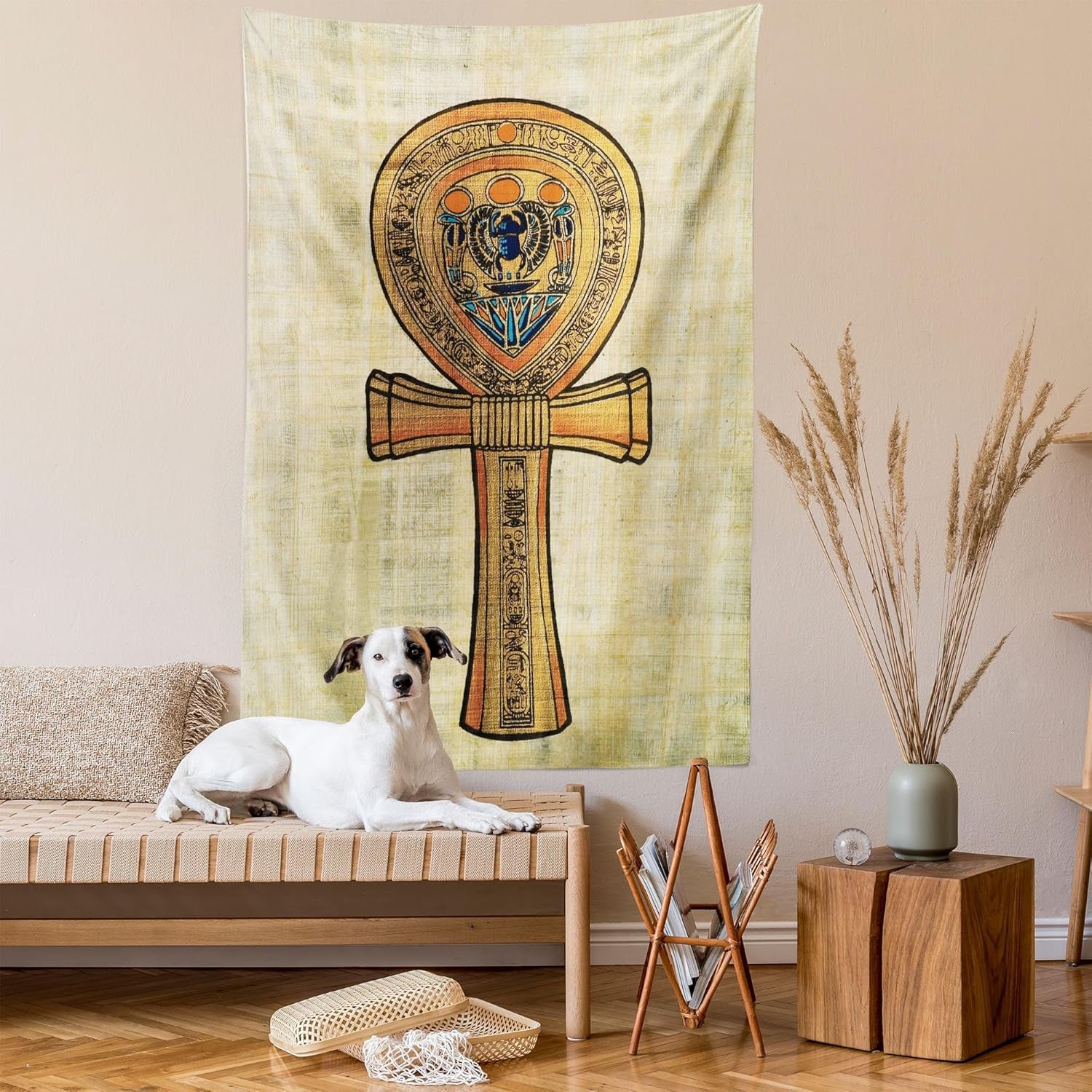 Egyptian Print Tapestry, Papyrus Presenting the Key of Life Traditional Empire Egyptian, Wall Hanging for Bedroom Living Room Dorm Decor, 40" X 60", Cream Orange