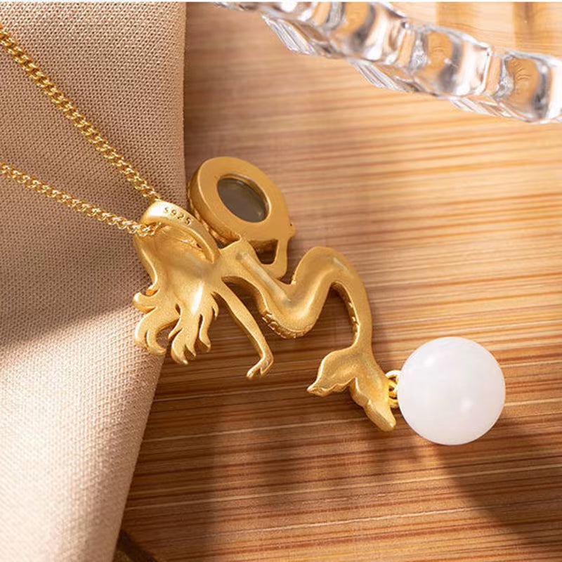 Natural Hetian Jade Mermaid Pendant Necklace Chinese Style Retro Unique Ancient Gold Craft Charm Women Silver Jewelry