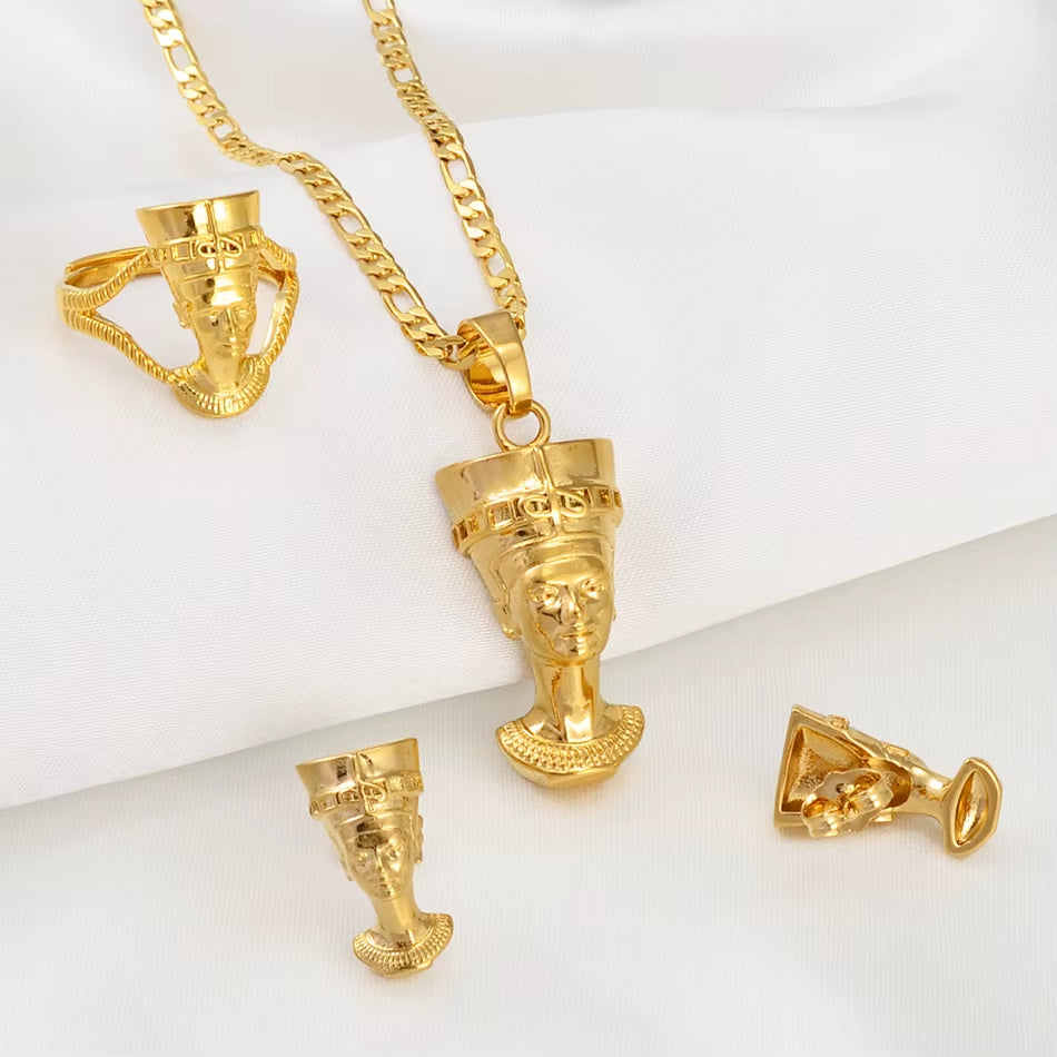 Egyptian Queen Nefertiti Sets Pendant Necklace Stud Earrings Ring African Traditional Culture Jewelry #244206