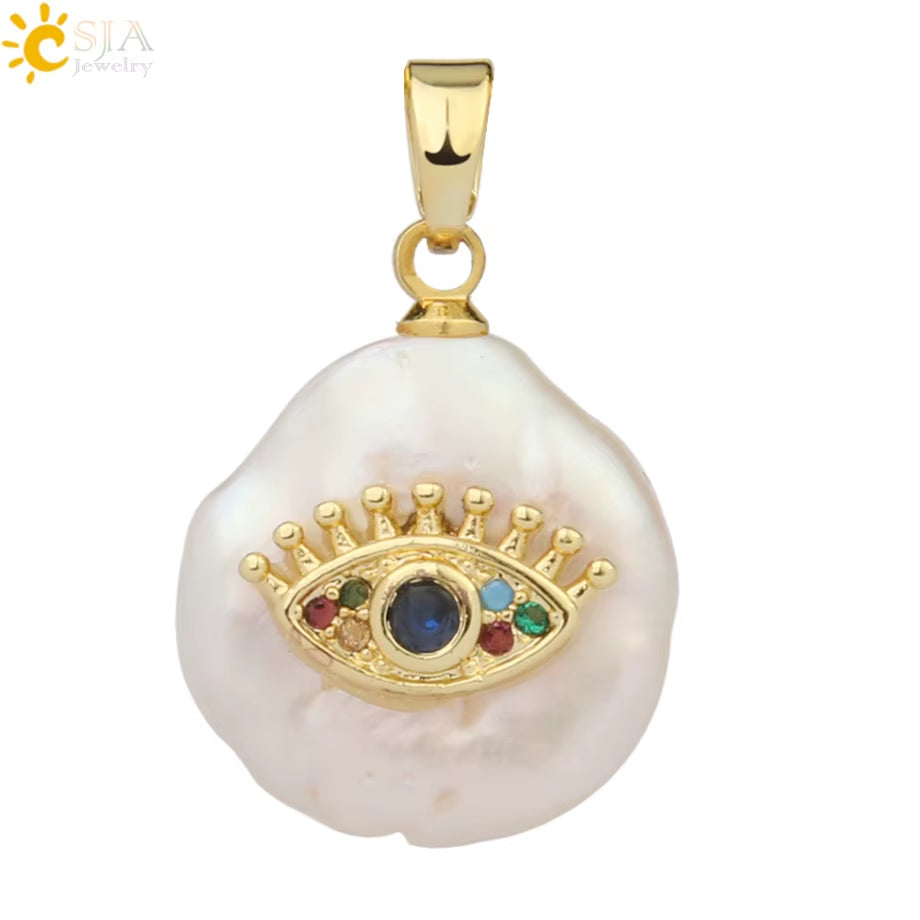 CSJA Coin Freshwater Pearl Pendants Small Size Evil Eye Hamsa Fatima Hand Zircon Gold Color Necklace Choker for Women Girls G205