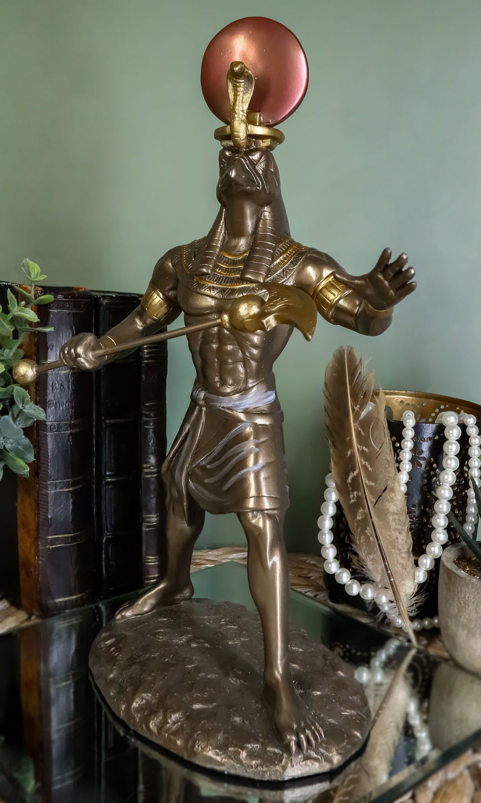 Egyptian Mythology God Horus Ra with Sun and Uraeus Disc Statue Heru Falcon