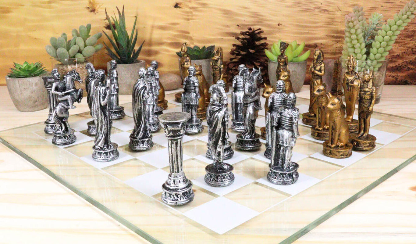 Ebros Kingdoms at War Egyptian VS Roman Army Resin Chess Pieces Glass Board Set