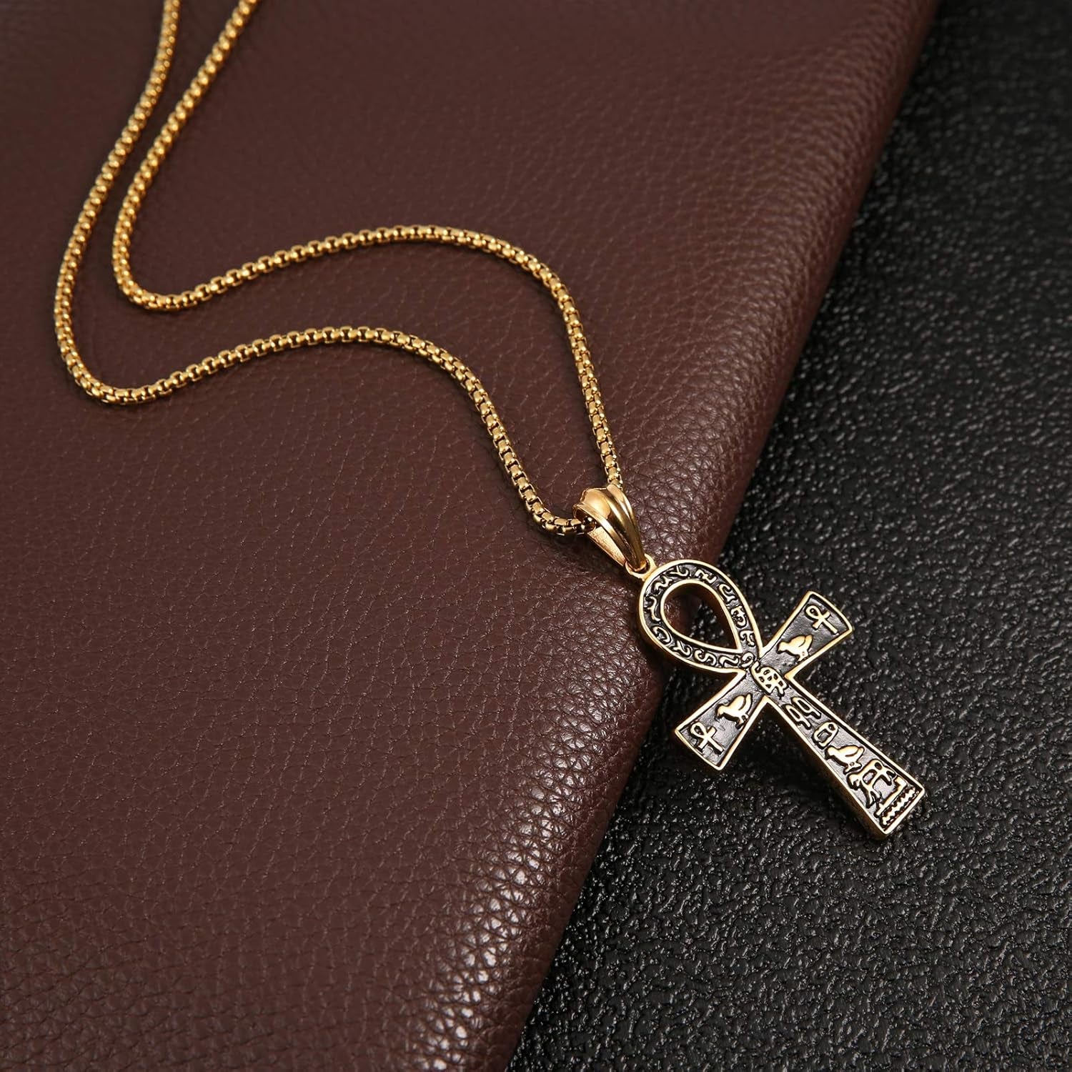 Stainless Steel Large Ankh Cross Pendant Ancient Egyptian Hieroglyphic Symbol 22+2 Inch Chain