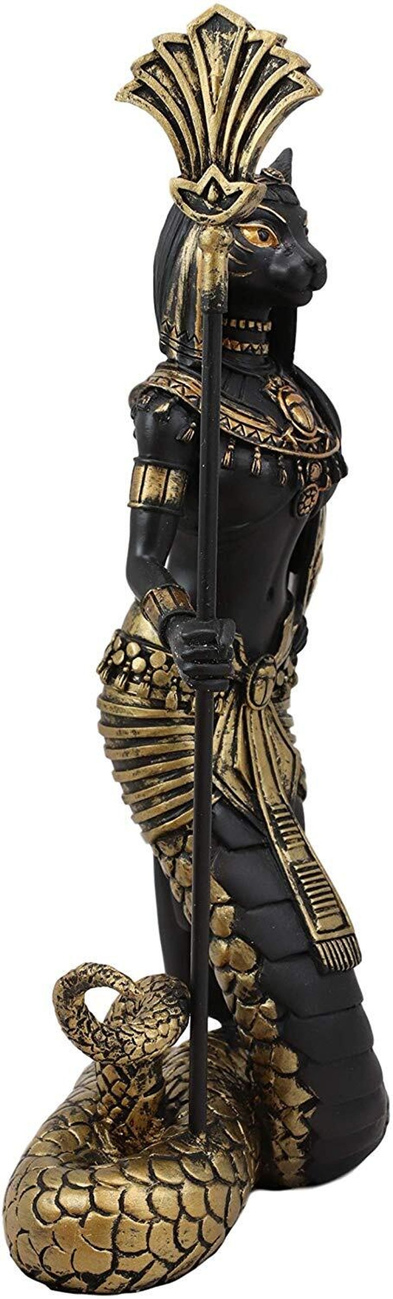 Ebros 11"H Egyptian Bastet Cat with Snake Holding Spear & Shield Statue 11"H