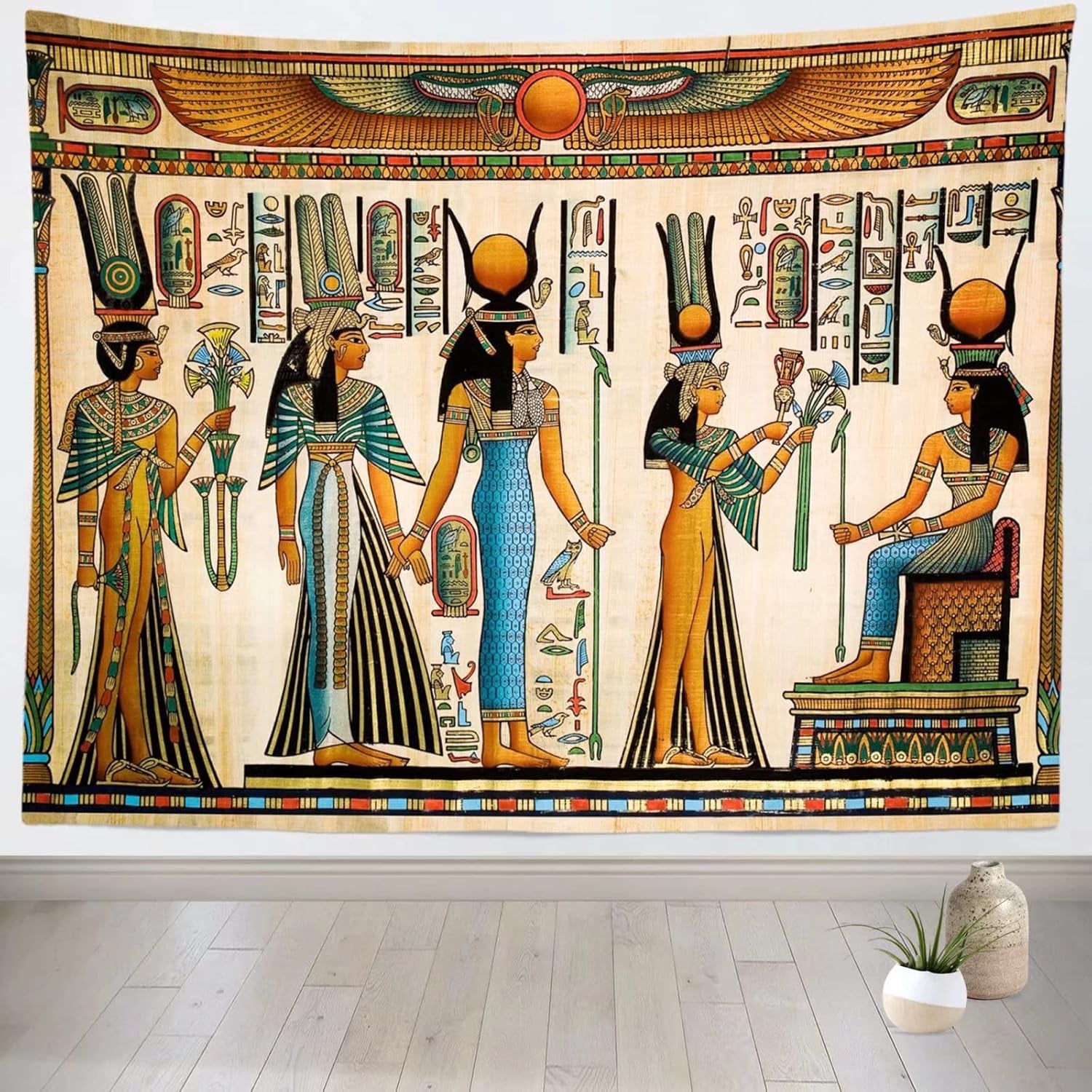 Egyptian Painting Tapestry 105Wx70H Inches Queen Nefertari Making an Offering to Isis Wall Tapestry Nefertalis Tomb Thebes Wall Hanging Mythology Egypt Mural for Bedroom Living Room Dorm Decor