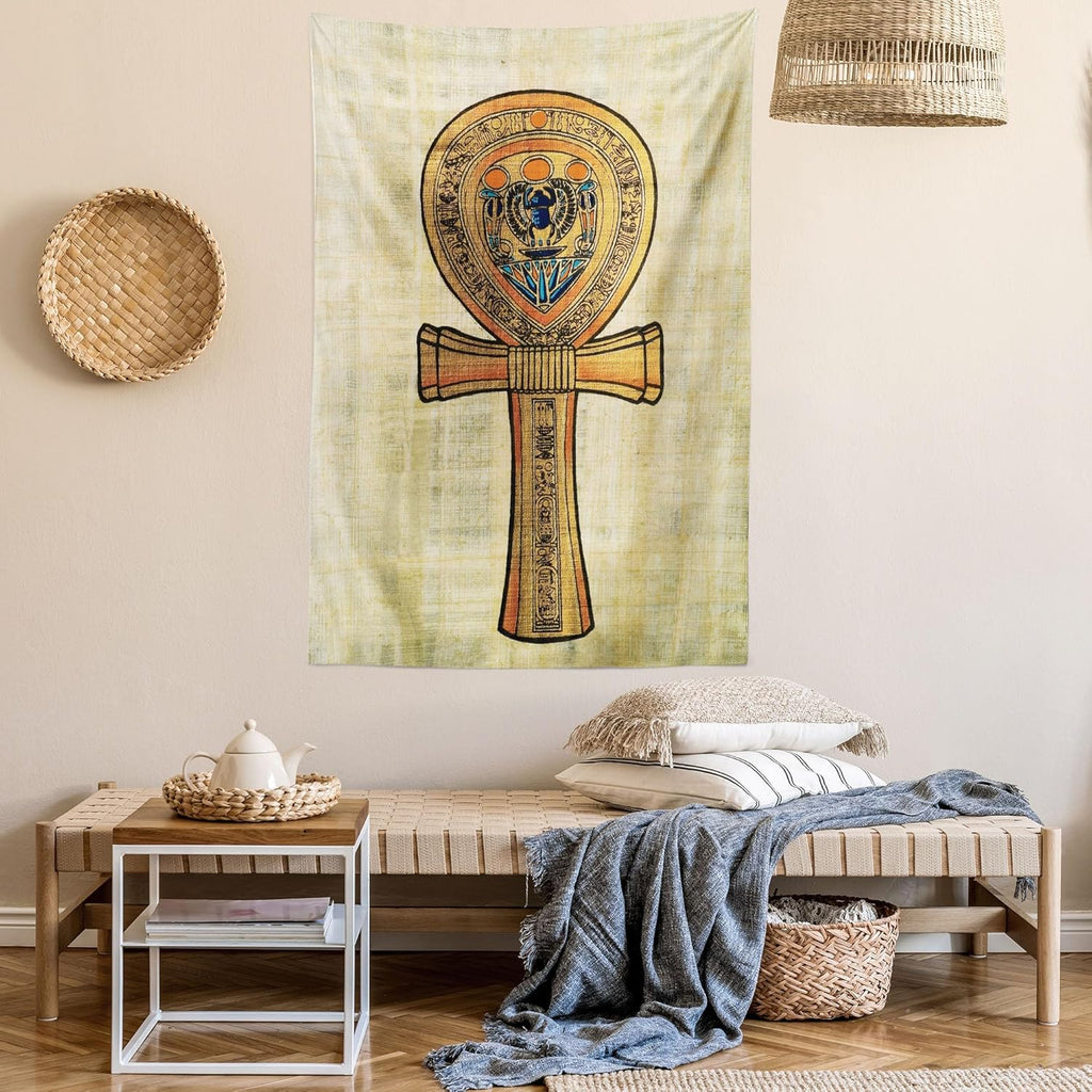 Egyptian Print Tapestry, Papyrus Presenting the Key of Life Traditional Empire Egyptian, Wall Hanging for Bedroom Living Room Dorm Decor, 40" X 60", Cream Orange