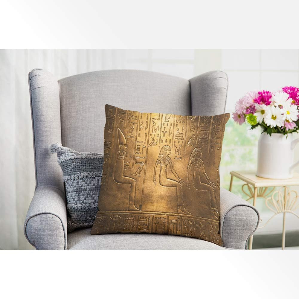 Egyptian Hieroglyphics Throw Pillow Cover Ancient Golden Art Symbol Historical Civilization Cozy Square Cushion Case for Men Women Boys Girls Room Home Decor Cotton Linen 18X18 Inch