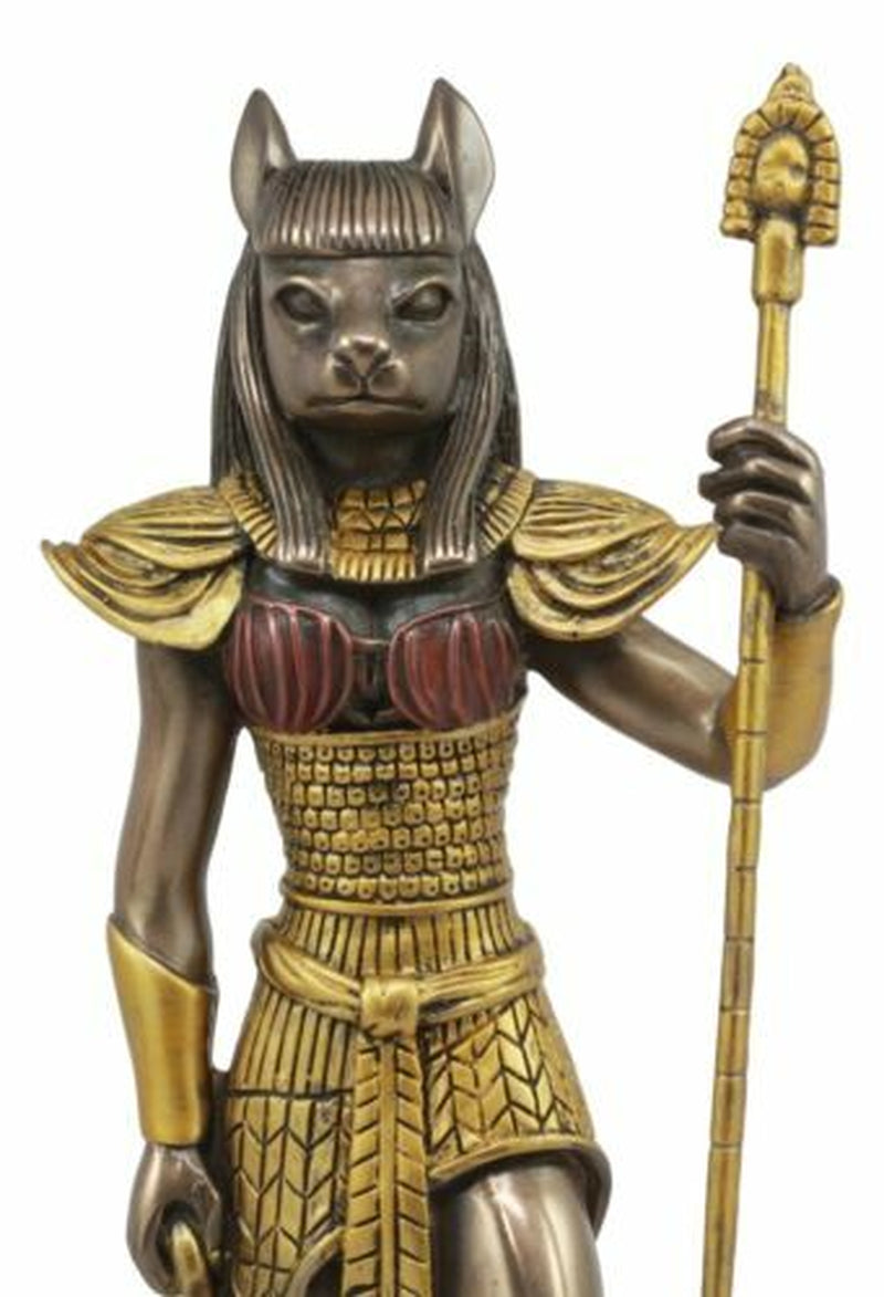 Egyptian Goddess Bastet Cat with Spear Statue 11"H Ubasti Goddess of Protection