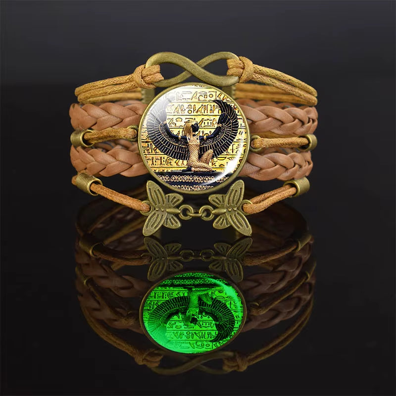 Ancient Egyptian Handmade Bracelet Ankh Luminous Glass Dome Rope Bracelets for Women Gift Egypt Cross Anubis Scarab Isis Goddess