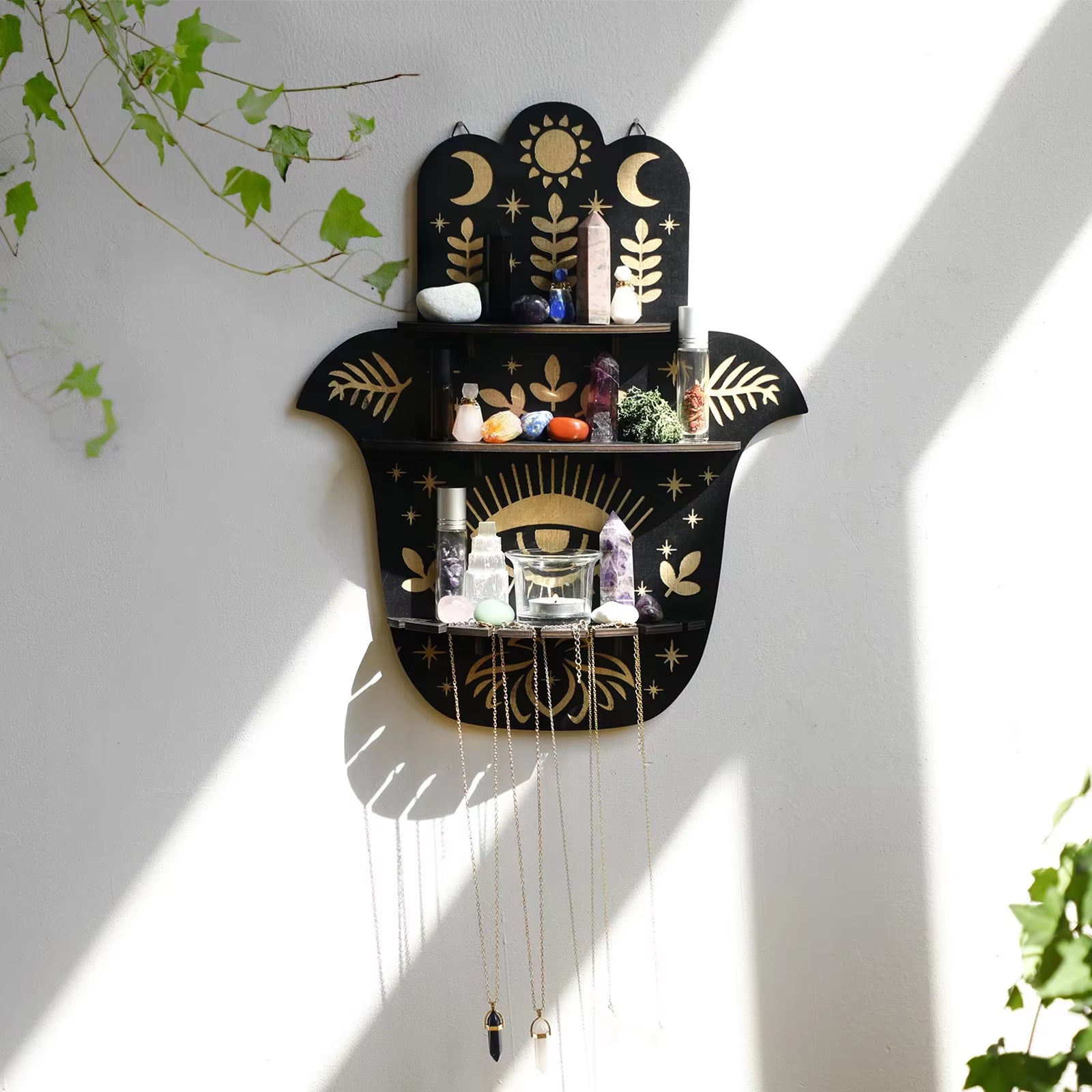 Crystal Wall Shelf Evil Eye Multilayer Crystal Display Stand Hanging Wall Decor Shelves Stone Holder Boho Home Decoration Gift