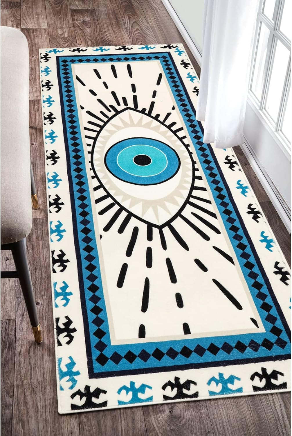 Evil Eye Runner Rug 2’X 5’ Non-Slip Washable Kitchen Area Rug Boho Chic Distressed Tribal Decorative Soft Velvet Creative Floor Carpet Bath Rug for Bedroom Living Room Entryway Hallway