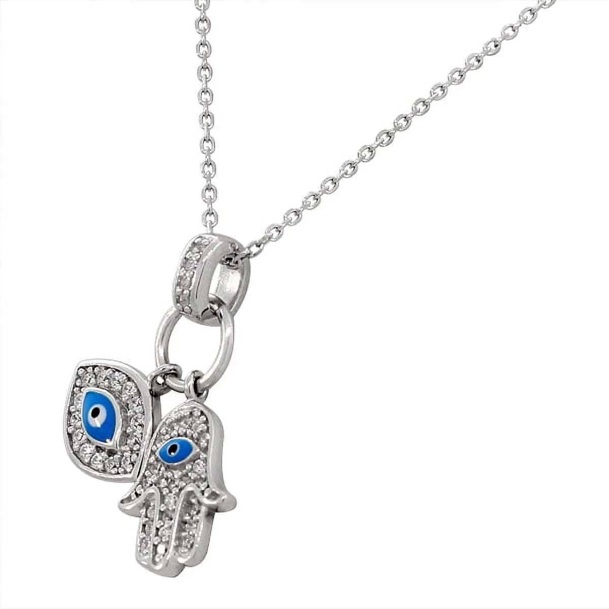 925 Sterling Silver Womens Evil Eye Hamsa Blue White CZ Pendant Necklace
