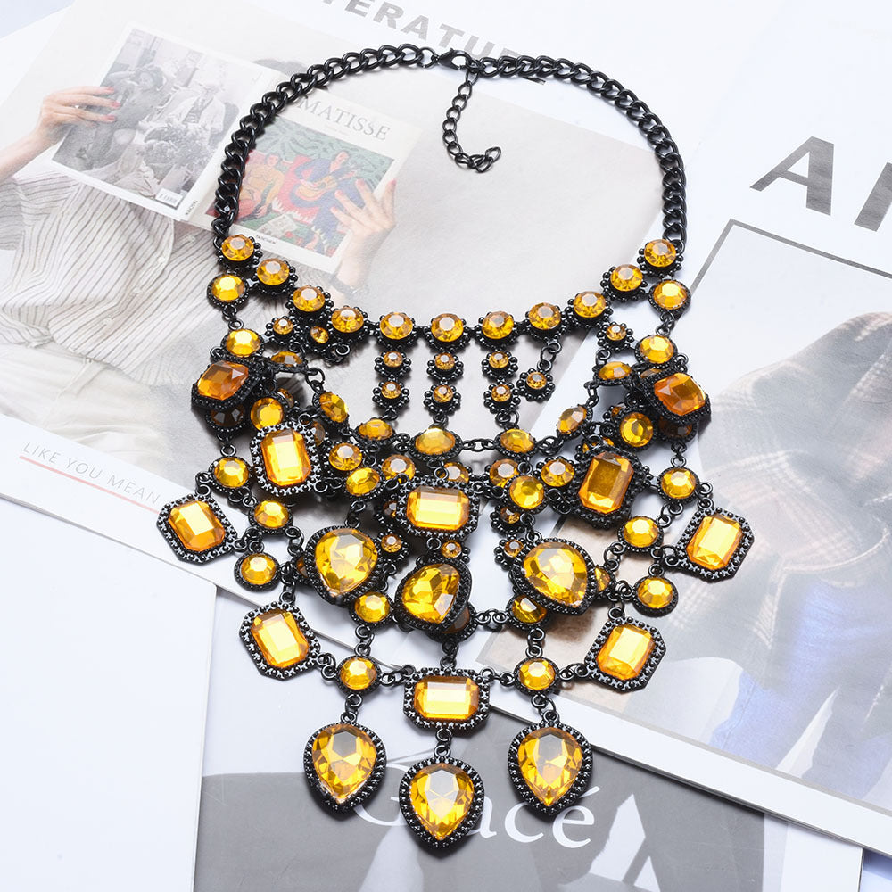 Creative Exaggerating Retro Multi-Layer Style Alloy Inlaid Jewel Necklace