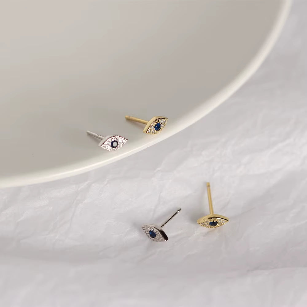 Genuine 100% Sterling Silver Pave Blue Zircon Demon Eyes Stud Earrings for Women Fashion Bihemian Evil Eye Jewelry Gift