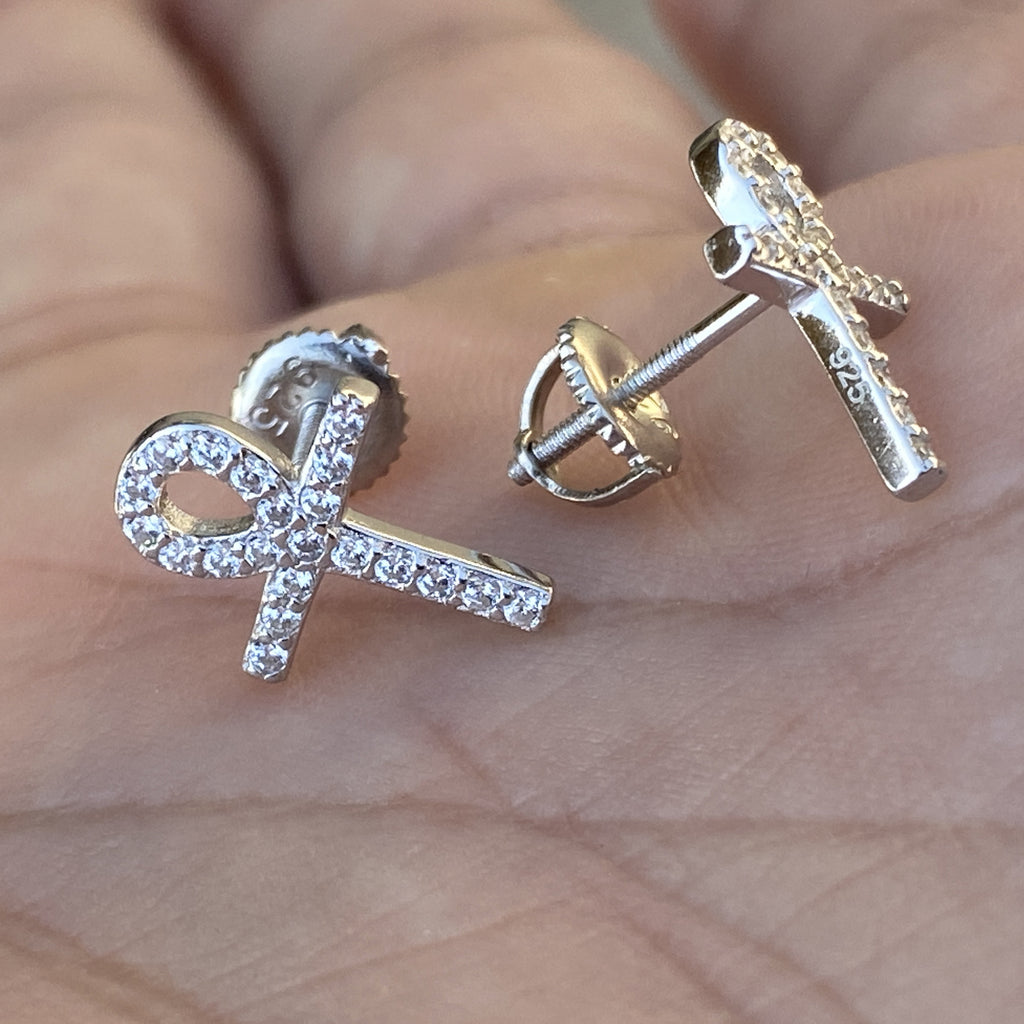 925 Sterling Silver Egyptian Ankh Cross Earrings Iced Flooded Out CZ Screw Back