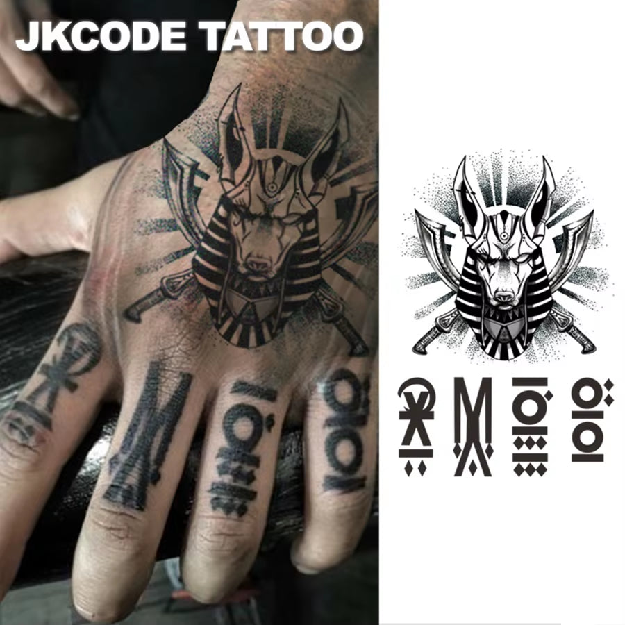 Herbal Tattoo Ancient Egyptian and Greek Mythical Beast Motifs Ancient Text Patterns Finger Tattoo Dark Style Hand and Neck Finger Tattoo Cool Style for Men and Women Anubis Sun Totem Multi-Purpose Tattoo Sticker Long-Lasting Waterproof for 15 Days