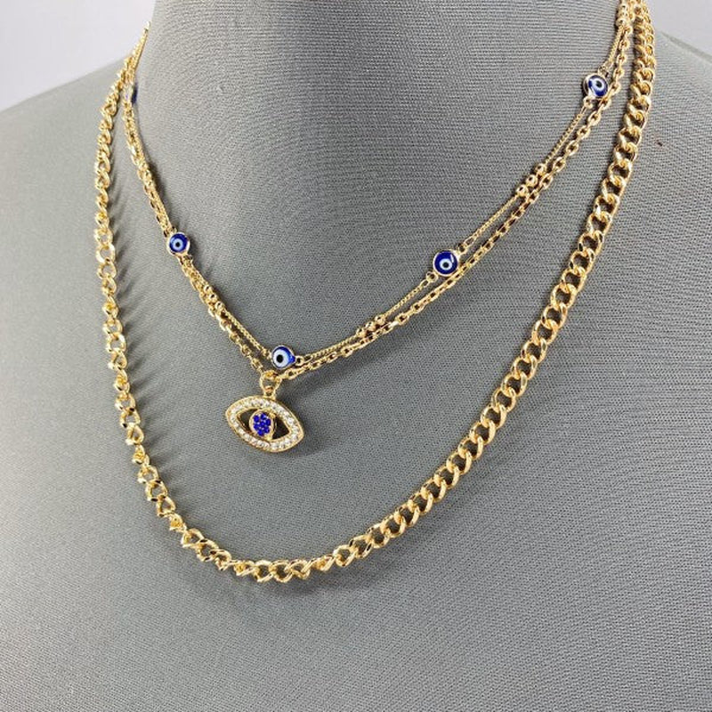 Multi Layered Chain Necklace Evil Eye Pendant