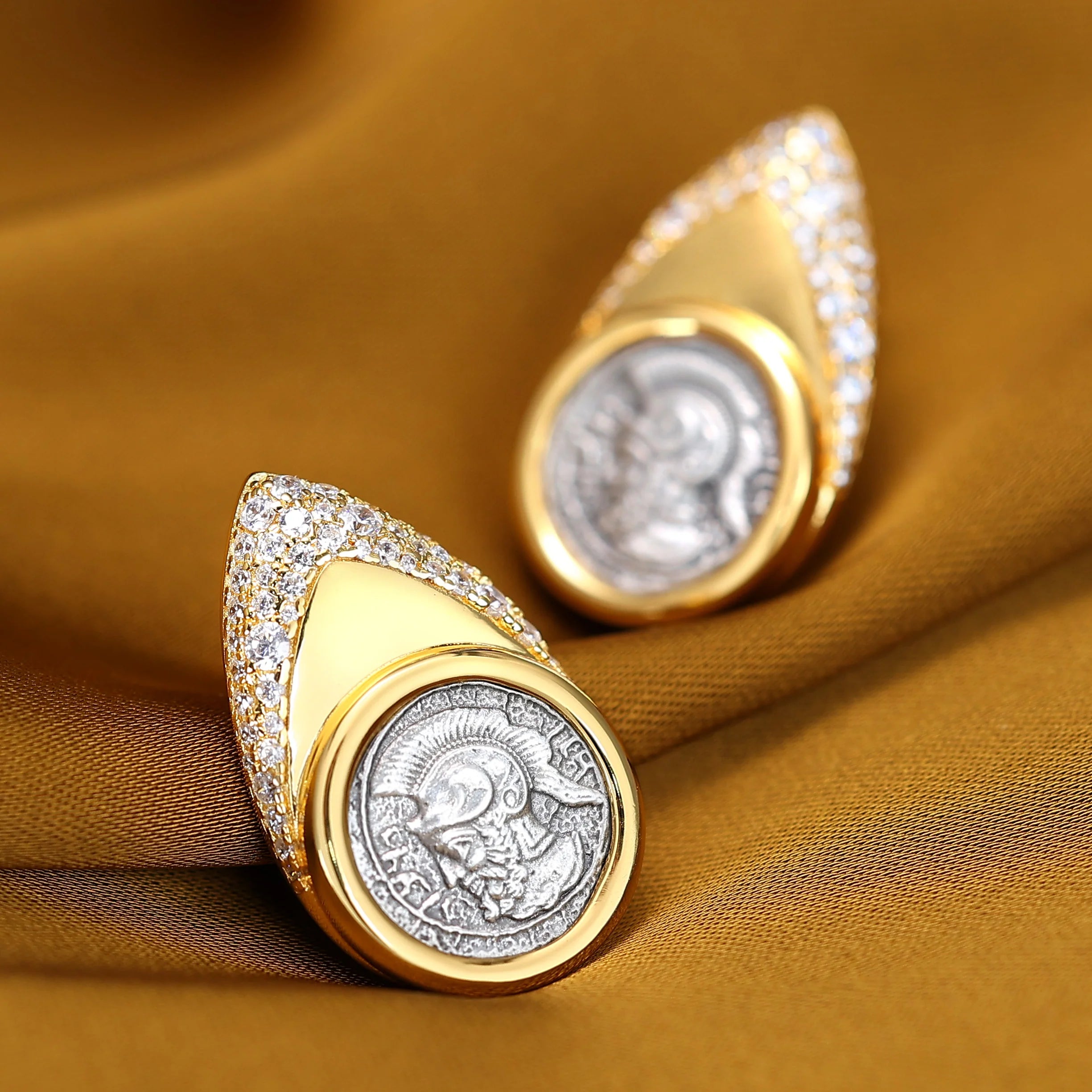 Micro-Setting Two-Sided Ancient Coin God of War Ares Earrings, Sterling Silver