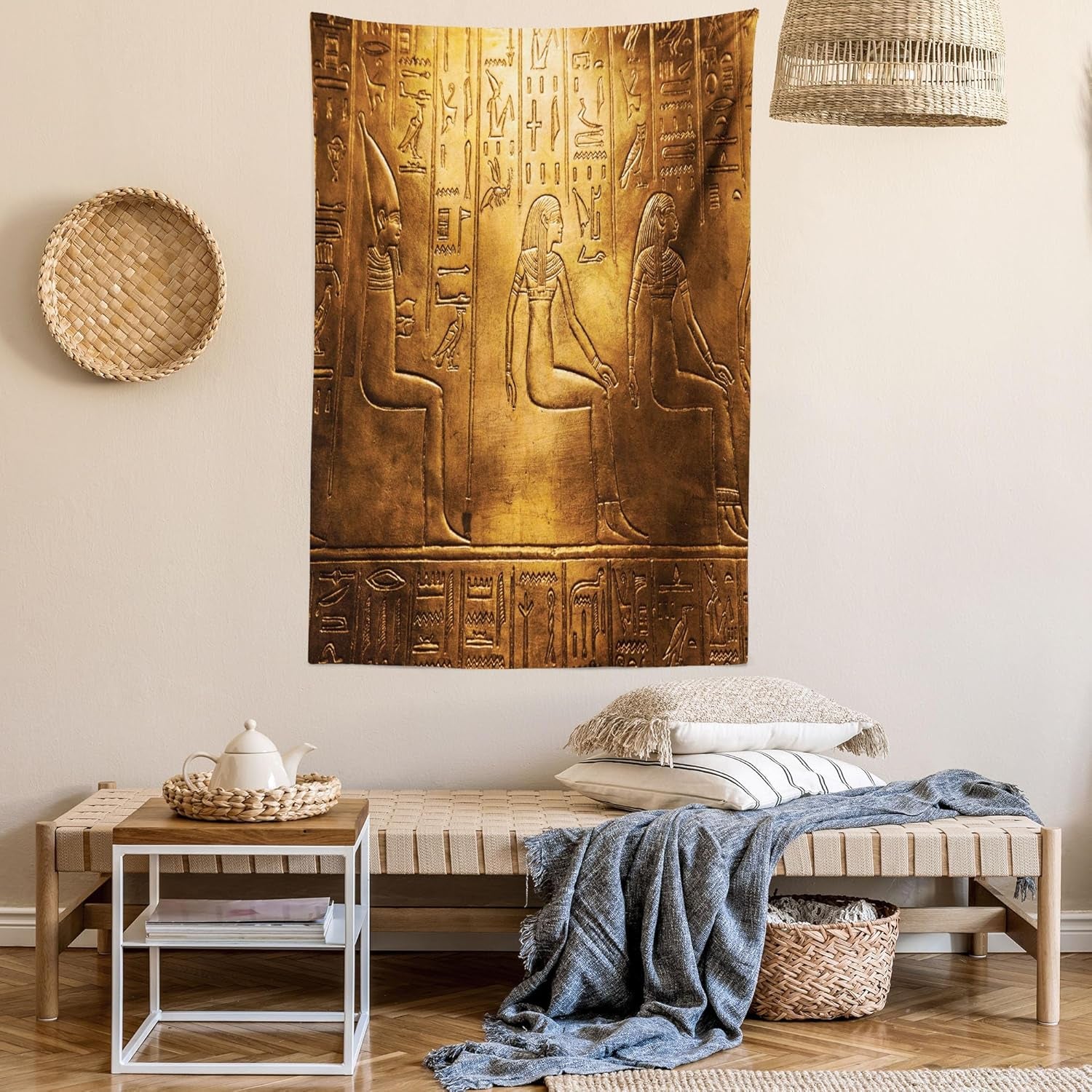 Egyptian Print Tapestry Twin Size, Egypt Hieroglyphics Old Logographic Details Alphabetic Elements, Wall Hanging Bedspread Bed Cover Wall Decor, Twin Size, Coffee Brown