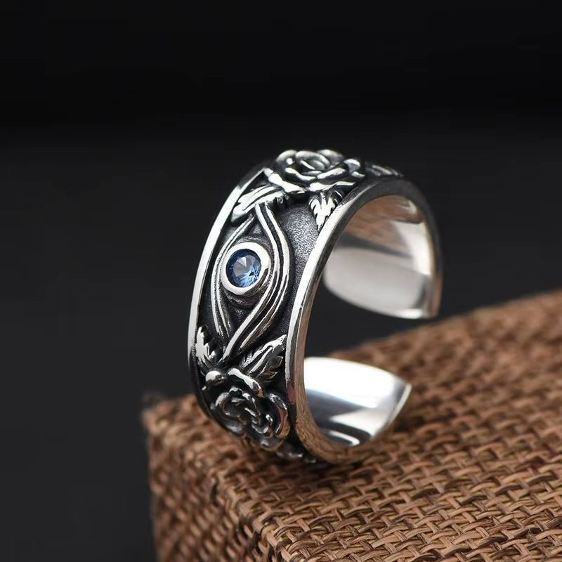 Retro Blue Horus Eye Rose Ring for Men Silver Color Punk Gothic Adjustable Ring Handmade Unisex Jewelry Accessories Lovers Gift