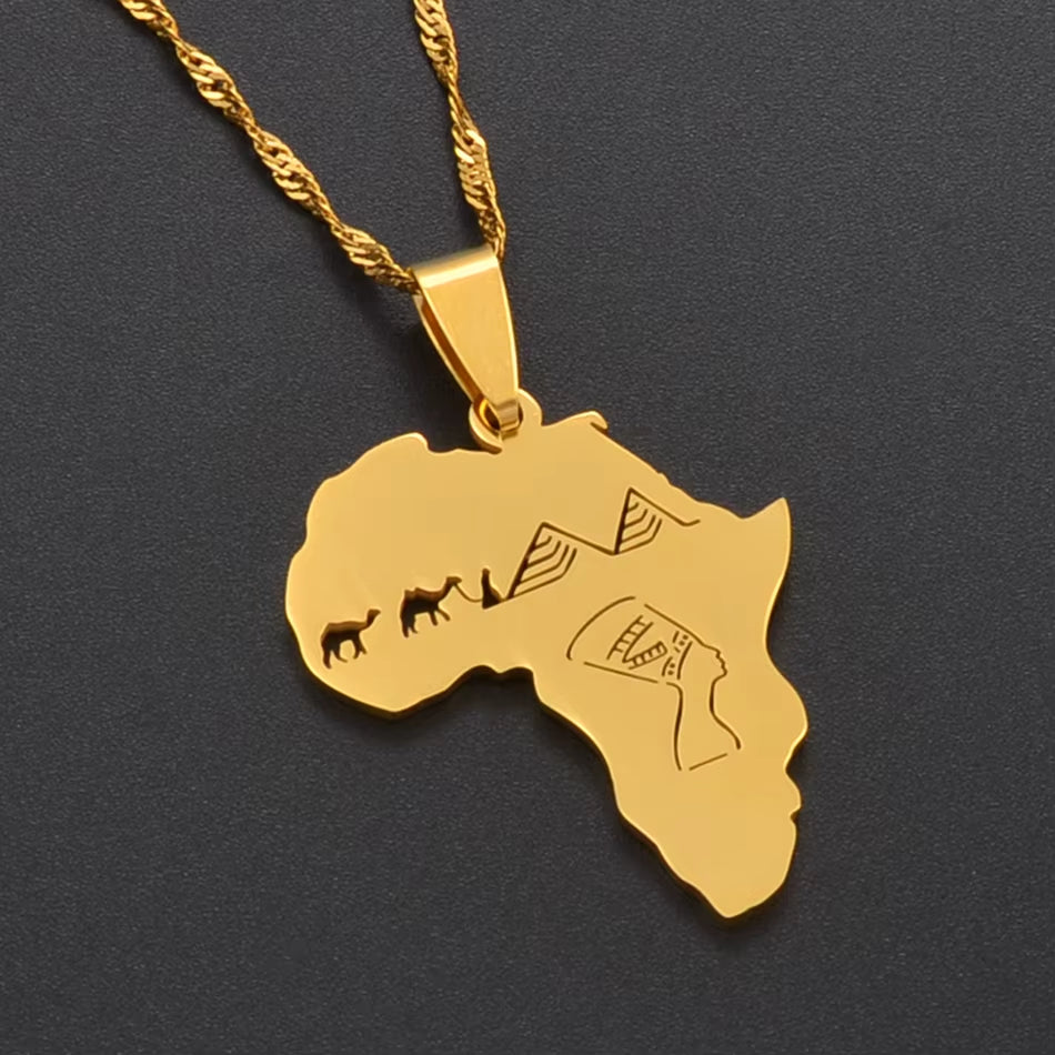 Africa Map with Egyptian Queen Nefertiti Camel Pyramid Pendant Necklaces African Jewelry @112221